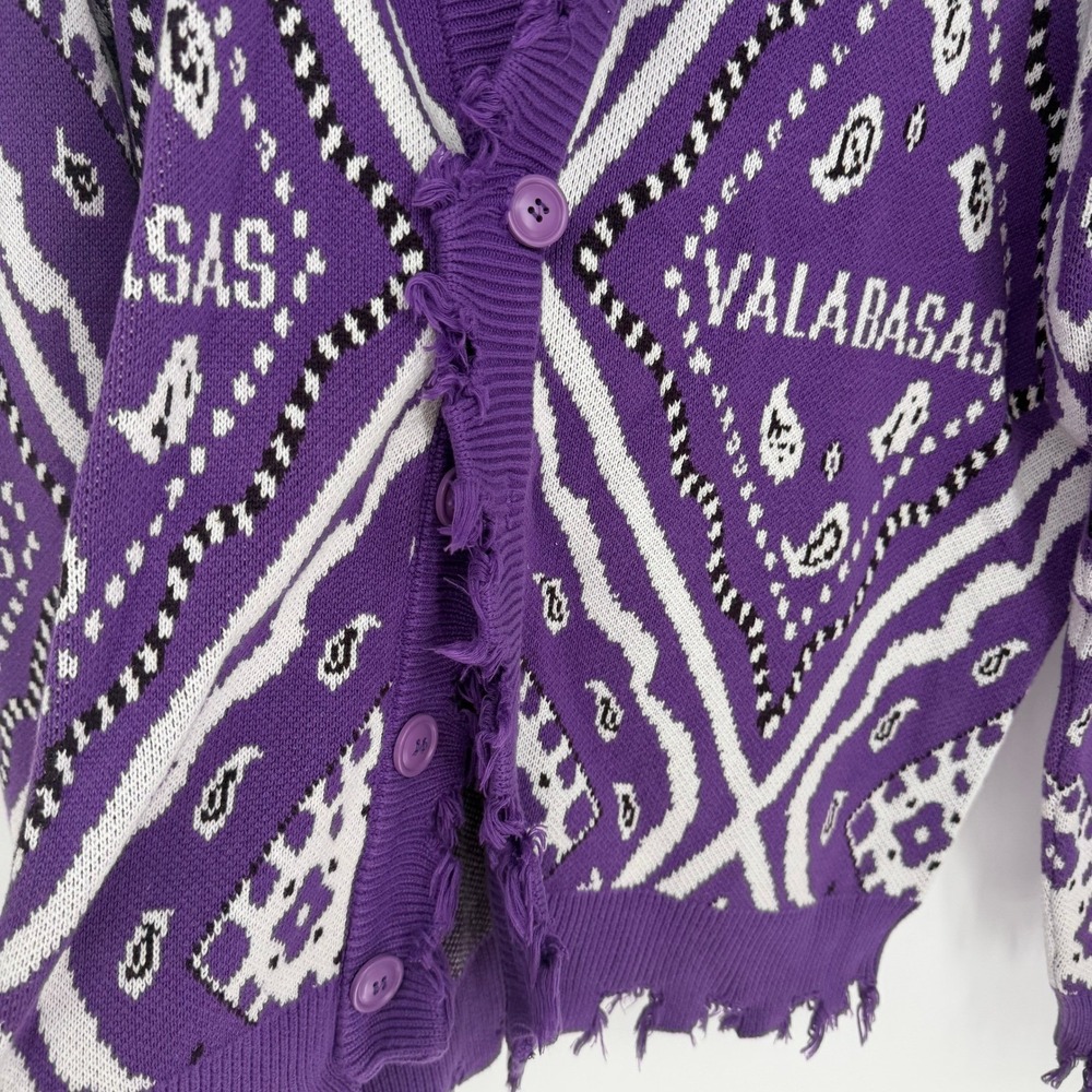 Valabasas Mens Purple Paisley Distressed Knit Cardigan Sweater XL Streetwear Y2K